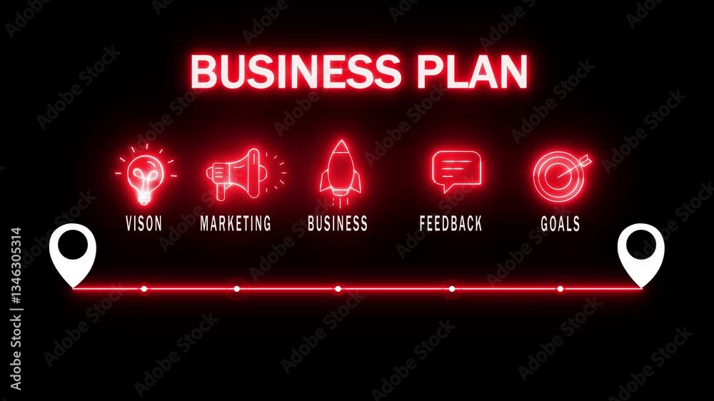 glowing neon Business plan concept with thin line icons on black background. Infographic design. Chart with animated icons.