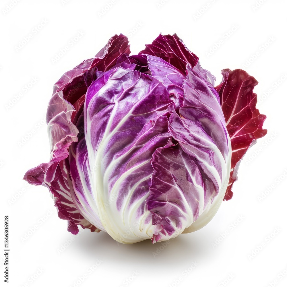 Purple radicchio, with leaves, bitter and crisp, isolated on white background, sharp details, 4K hyperrealistic photo. Purple radicchio, with leaves, bitter and crisp, isolated on white background, sharp details, 4K hyperrealistic photo.
