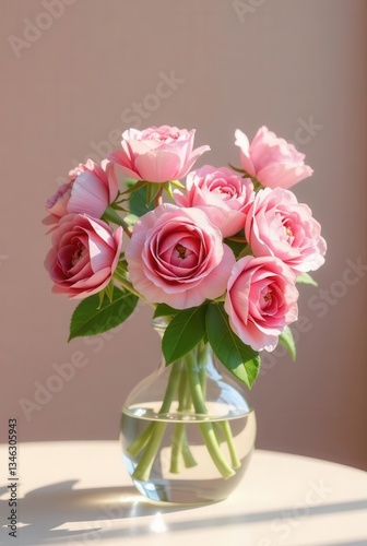 Wallpaper Mural A delicate bouquet of light pink roses in a clear glass vase, bathed in soft sunlight on a pale table Torontodigital.ca