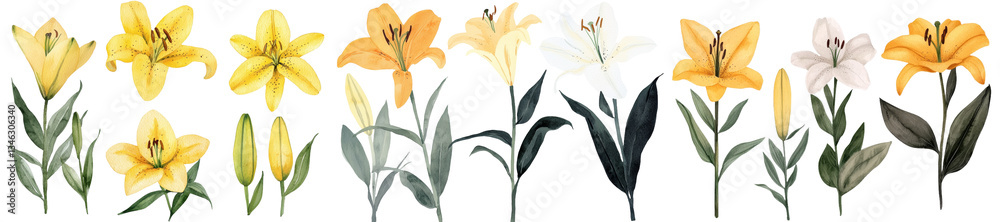 Fototapeta premium Colorful lilies are depicted in a watercolor botanical painting illustration, placed on a solitary white background, commonly used on greeting cards