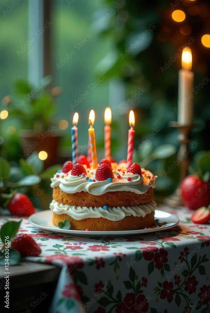 A delightful two-layered cake adorned with fresh berries and colorful candles, set against a backdrop of soft candlelight and lush greenery, rests on a floral tablecloth. A delightful two-layered cake adorned with fresh berries and colorful candles, set against a backdrop of soft candlelight and lush greenery, rests on a floral tablecloth.