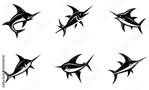 Six Black and White Marlin Fish Silhouettes