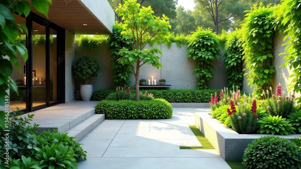 Fototapeta premium Tranquil Modern Courtyard Garden Design Featuring Lush Greenery and Subtle Lighting Accents