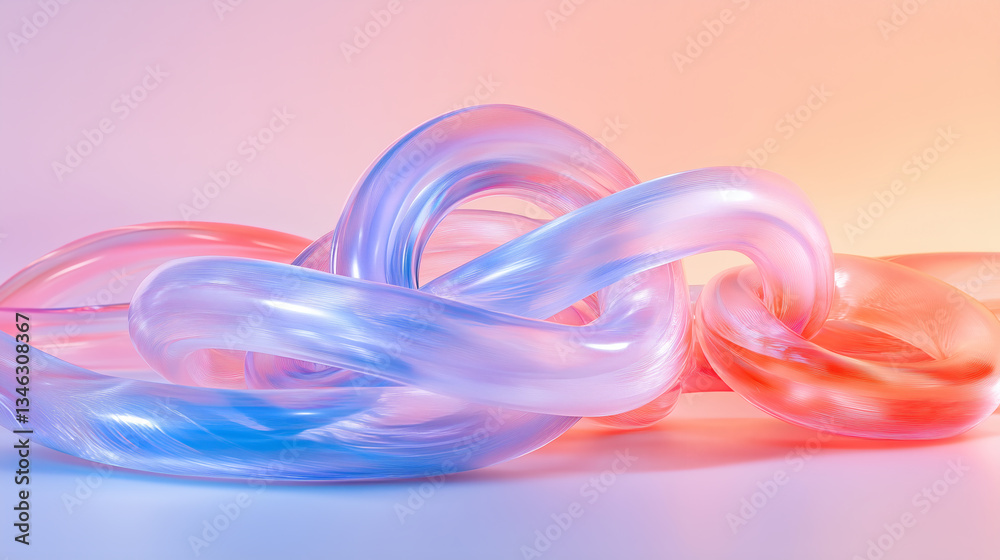 Colorful strands are artistically intertwined against a soft gradient backdrop, creating a dynamic visual effect that resembles modern art