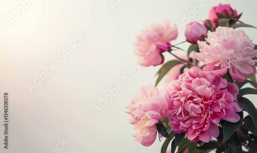 white background , pink peons on the edges of the photo , golden hours
