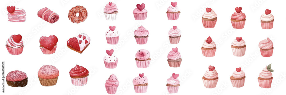 A love-themed set of sweets, including a Valentine's Day cupcake and other desserts, is represented by a watercolor image of a pink cupcake on a white background A love-themed set of sweets, including a Valentine's Day cupcake and other desserts, is represented by a watercolor image of a pink cupcake on a white background