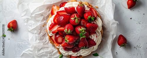 Gluten-Free Strawberry Shortcake, on parchment paper, top down view, white background, full dish centered, bright contrasting colors