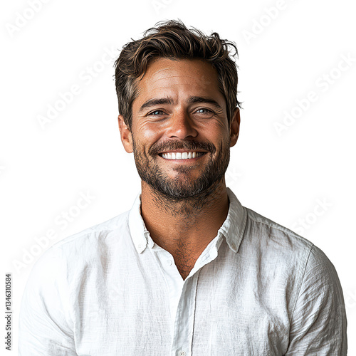 Portrait of a man wearing a white shirt with casual pose, isolated on transparent background, png