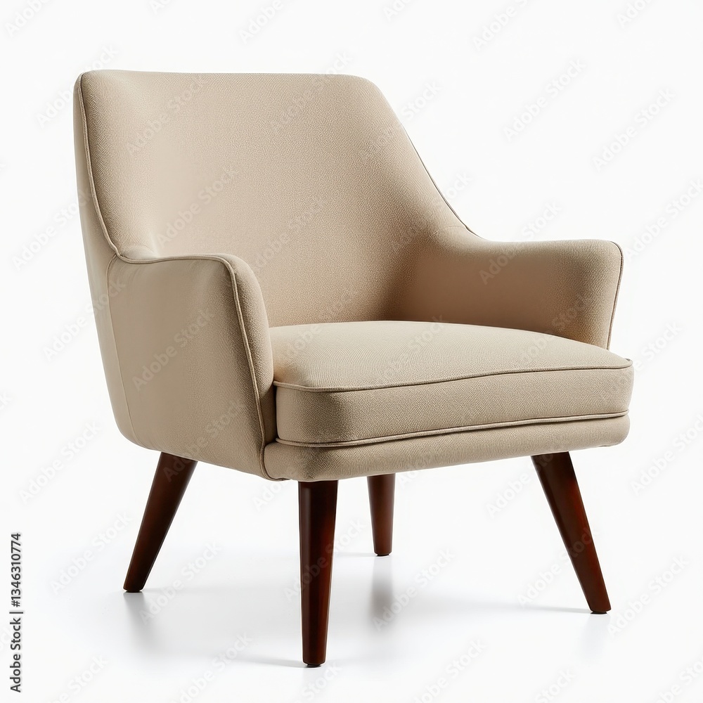 MidCentury Modern Beige Upholstered Chair on White Background Sleek Design & Comfort. A beige chair with wooden legs on a white background. MidCentury Modern Beige Upholstered Chair on White Background Sleek Design & Comfort. A beige chair with wooden legs on a white background.