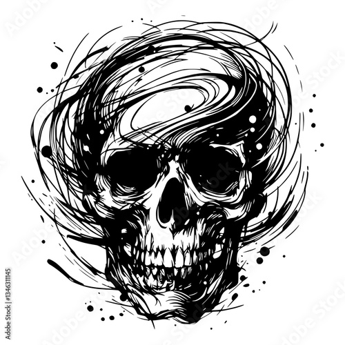 Vector illustration of a skull with swirling designs drawn with black pencil on a transparent background