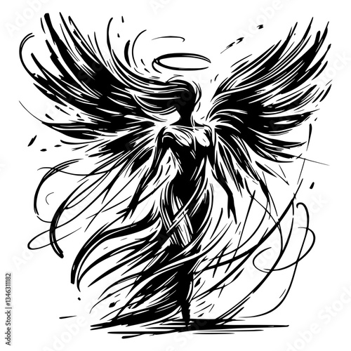 Vector illustration of an angel with wings and a halo drawn with black pencil on a transparent background