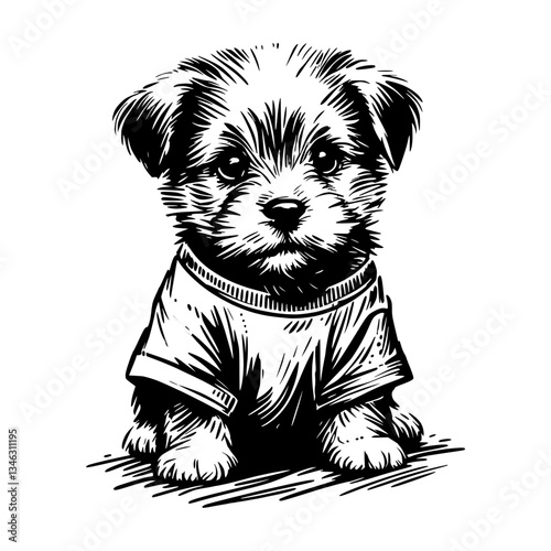 Vector illustration of a puppy wearing a t-shirt, drawn with black pencil on a transparent background