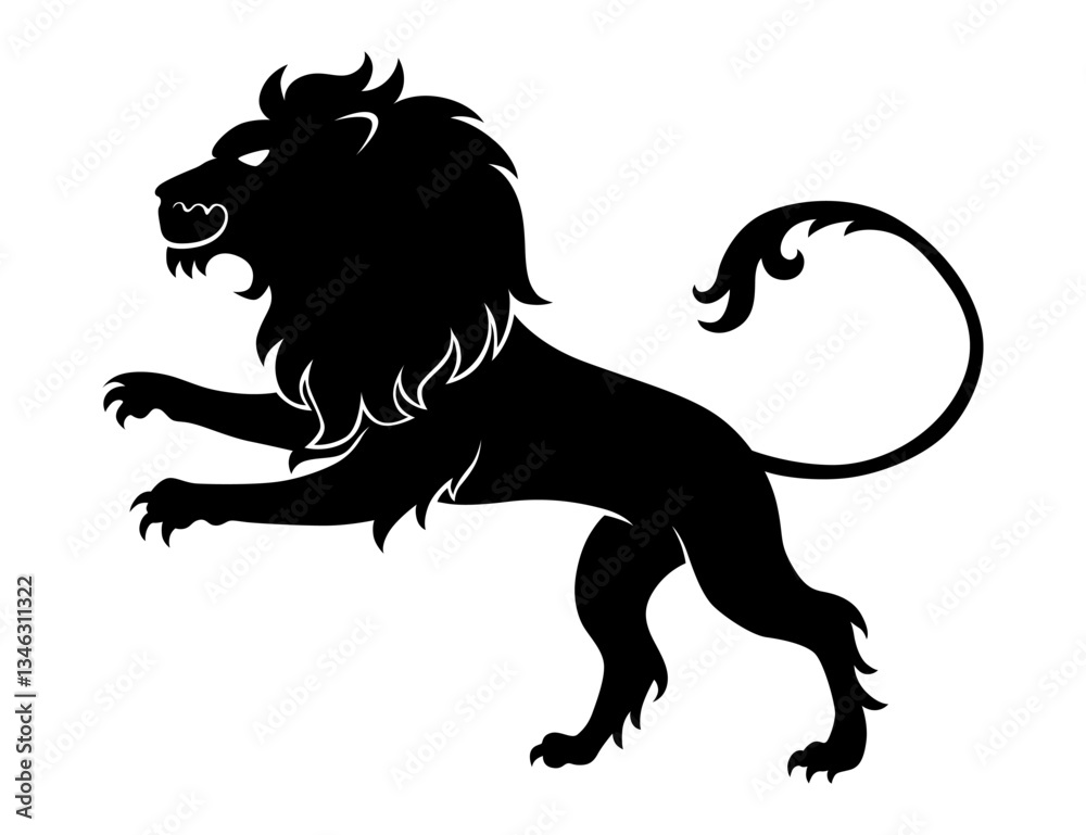 Heraldic lion silhouette. Black lion in flat style. Heraldic icon, symbol and design element isolated on white background. Vector illustration