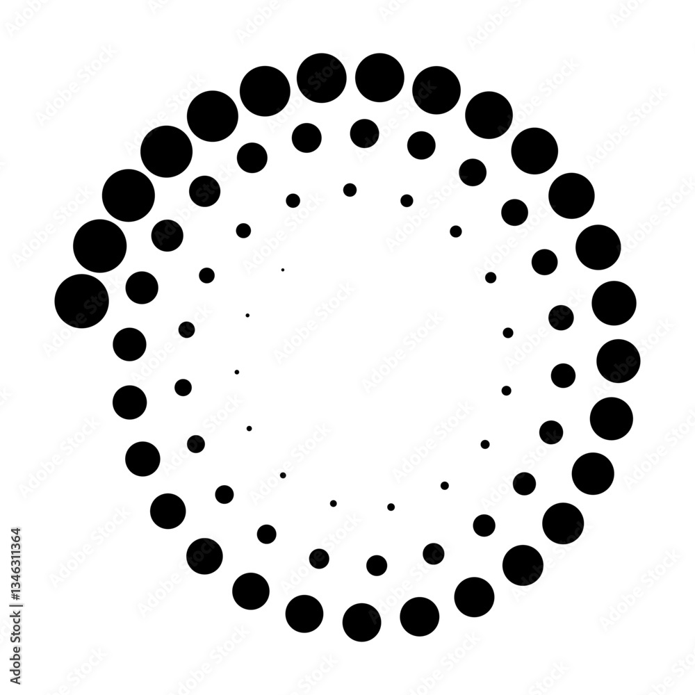Halftone dotted speed lines circle. Geometric art in circle form. Round swirl movement symbol. Halftone circular dotted frame. Vector design elements