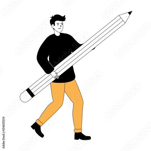 Creative person joyfully carrying a giant pencil in casual attire with a playful expression