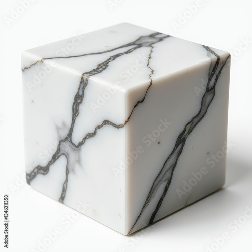 Glossy White Marble Cube with Intricate Black Veins on a Neutral Background. A white marble cube with black and gold veins. photo