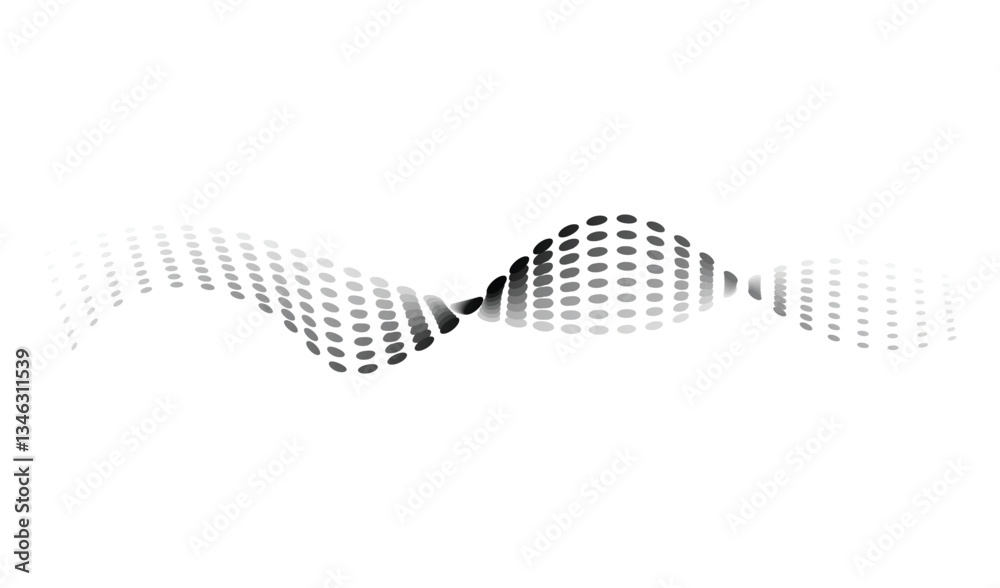 Dotted halftone waves. Flowing wavy lines pattern. Abstract liquid shapes, wave effect dotted gradient texture. Curve textures with halftone circular point isolated on white background