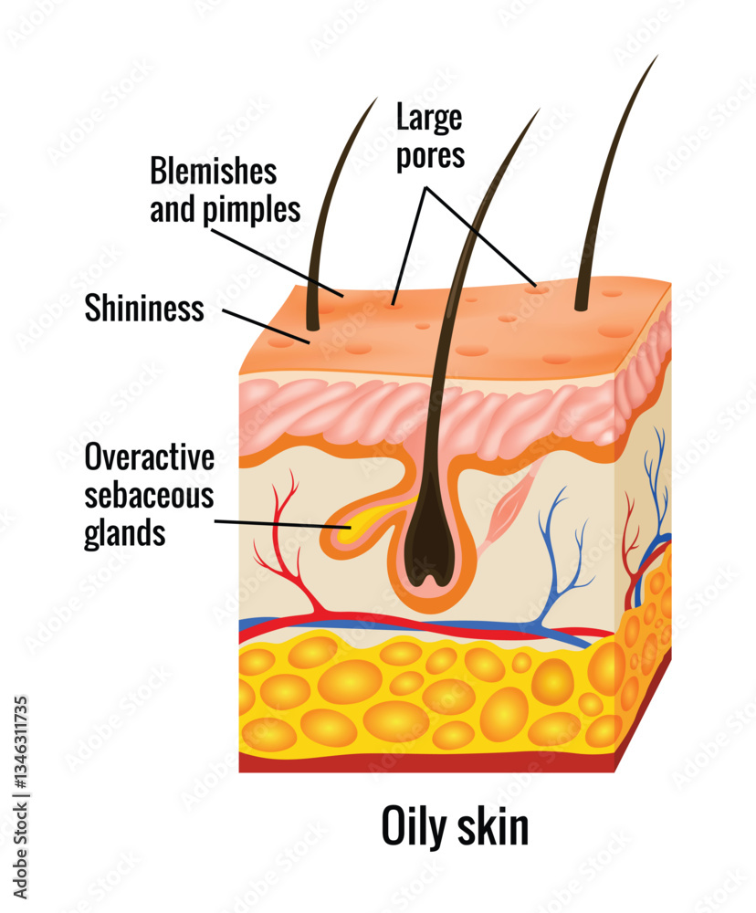 Oily skin anatomy. Human body skin vector illustration with parts vein artery hair sweat gland epidermis dermis and hypodermis. Human Cross-section of the skin layers structure