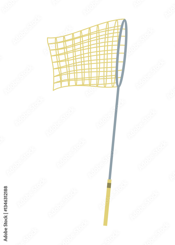 Fish net icon, isolated fishnet and fish scoop. Mesh tool used for catching. Device for safely transferring fish from one container to another or water. Vector cartoon illustration