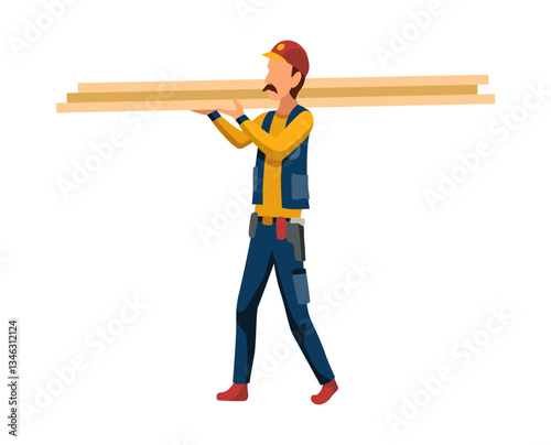 Obraz na płótnie Stage house building with worker. New construction, engineering on site. Work process with house on construction site. Vector cartoon illustration w salonie