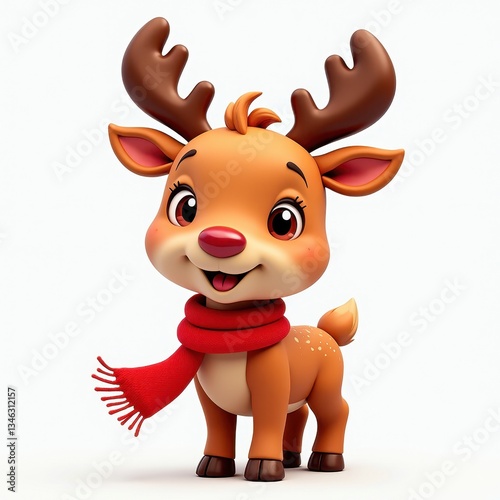 Cheerful RedScarfed Reindeer Animated on White Background. A 3D rendered reindeer wearing a red scarf. photo