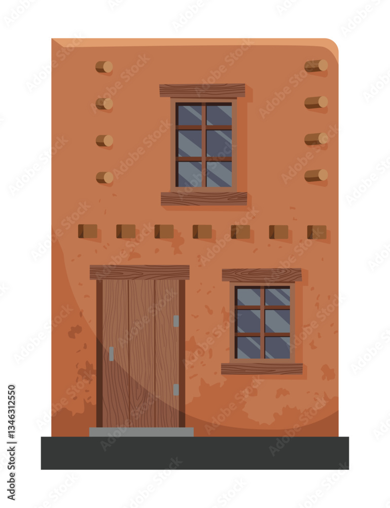 Adobe house. Traditional building illustrate craftsmanship of rustic architecture. Construction with wooden elements. Vector cartoon illustration