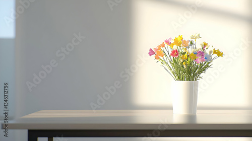 Colorful Flower Bouquet In White Vase On A Wooden Table Under Natural Sunlight In A Modern Interior