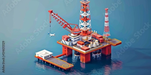Oil rig with drilling equipment, crew quarters, and helipad, , isometric illustration.