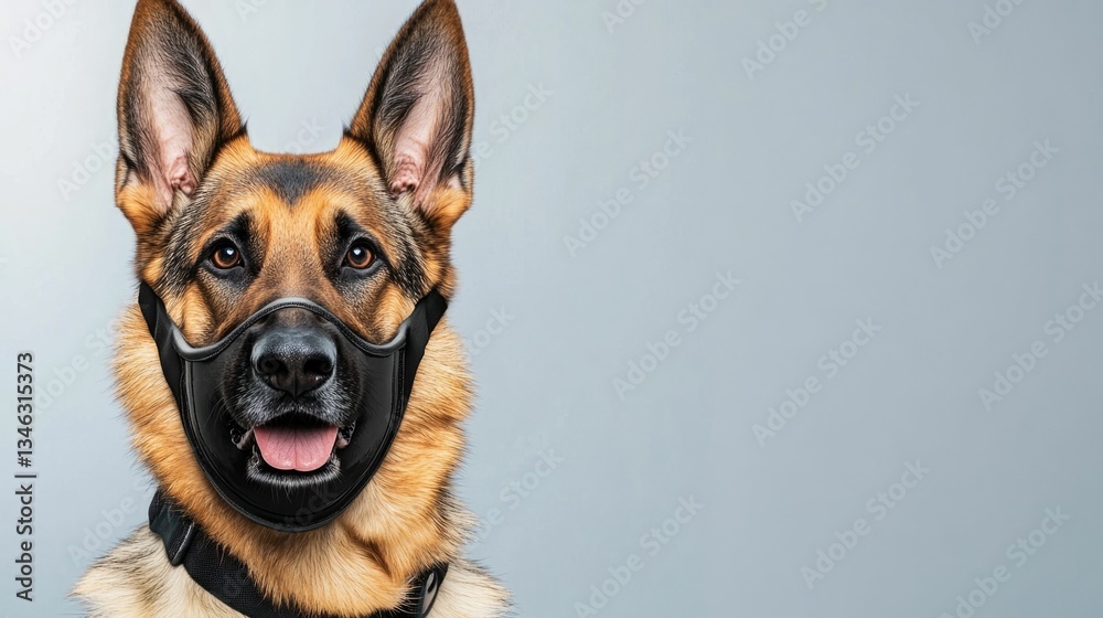 A veterinarian is showing a pet owner how to properly use a muzzle on their German Shepherd dog for safety during emergency situations A veterinarian is showing a pet owner how to properly use a muzzle on their German Shepherd dog for safety during emergency situations