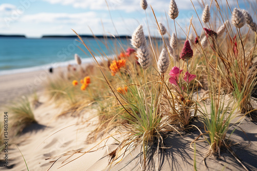 breathtaking sight of dunes adorned with vibrant beach grass, symbolizing steadfastness these plants bestow upon shifting sandy terrains and harmonious equilibrium they epitomize