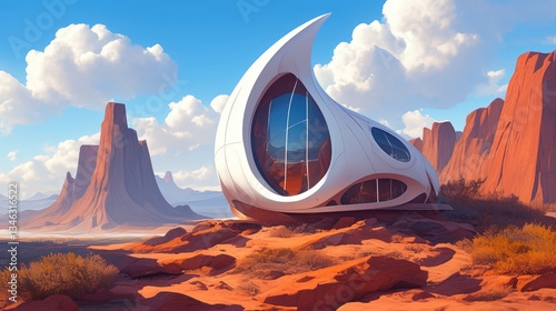 Modern futuristic home residing in an expansive desert landscape setting