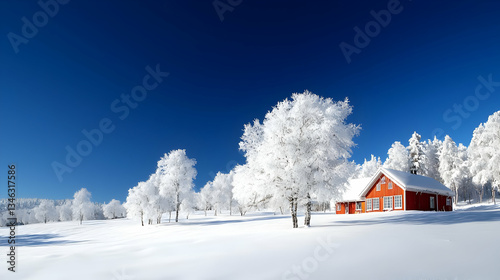 Snow Covered Red Cabin Surrounded By Frosted Trees Under Clear Blue Sky During Winter Day