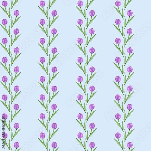 Fototapeta Naklejka Na Ścianę i Meble -  Seamless pattern with tulips, small flowers and envelopes. Watercolor illustration.