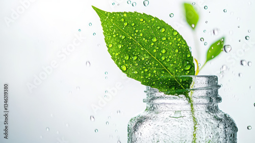 Fresh green leaf with water droplets falling into a glass bottle, symbolizing natural purity and herbal essence