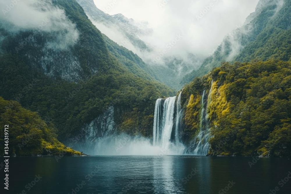 Fototapeta premium Majestic waterfall cascading through lush green mountains in a tranquil lake setting