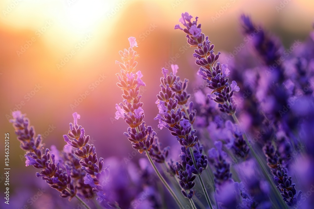 Fototapeta premium Sunlit lavender blooms in a vibrant field at sunset.