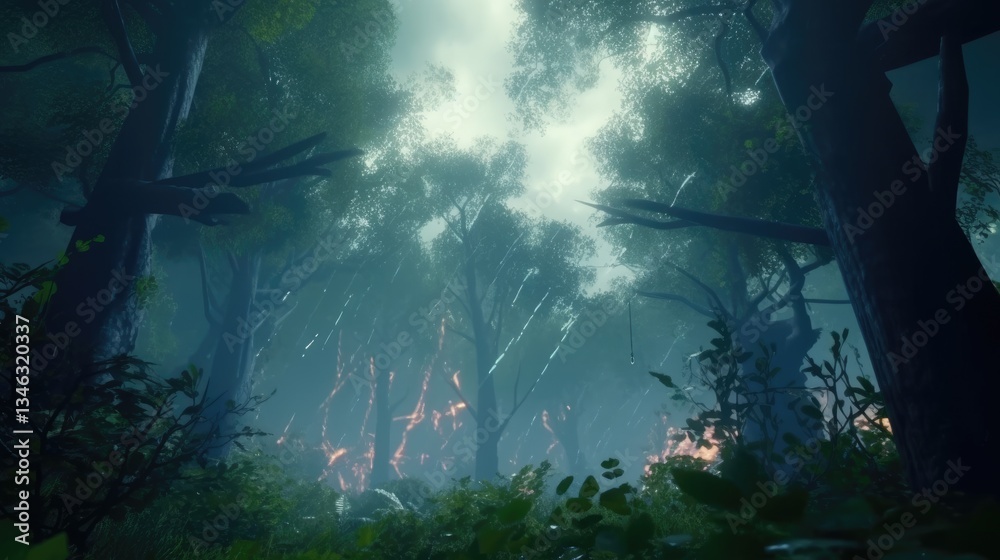 Lightning strike in a dense forest during heavy rain. Dramatic nature scene. Silhouette of tree in forest with glowing green light sky. Magical forest scene concept. Environmental phenomenon. AIG51.