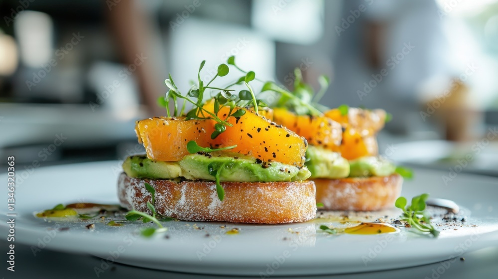 Toasted bread topped with avocado slices and orange fruit pieces garnished with sprouts on a white plate. Food presentation with shallow depth of field. Toasted bread topped with avocado slices and orange fruit pieces garnished with sprouts on a white plate. Food presentation with shallow depth of field.