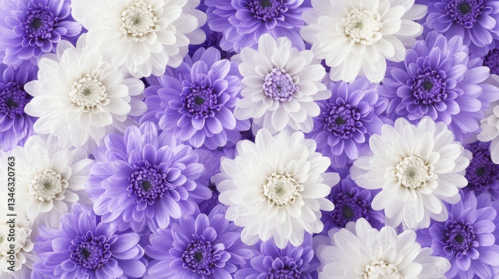 A symmetrical top view of lavender-toned chrysanthemum flowers arranged in a vibrant display. Perfect for decor, floral art, or botanical inspiration.. AI Generation A symmetrical top view of lavender-toned chrysanthemum flowers arranged in a vibrant display. Perfect for decor, floral art, or botanical inspiration.. AI Generation