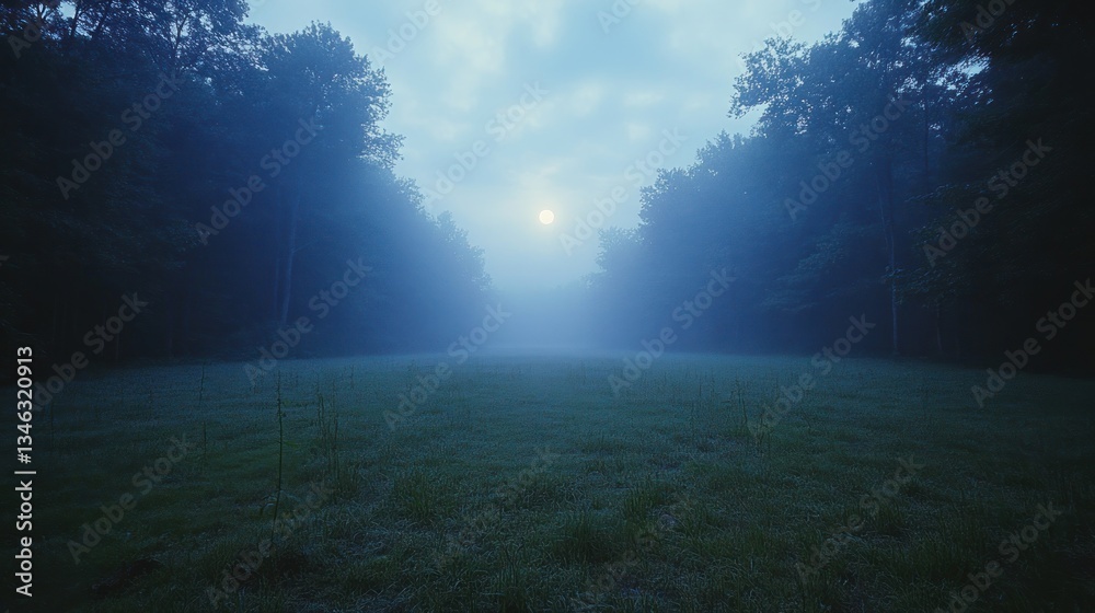 Fototapeta premium Misty sunrise over a field, trees forming a natural frame.