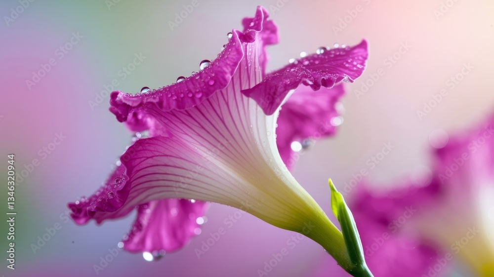 Fototapeta premium Macro of a pink freesia, dewdrops on ruffled petals