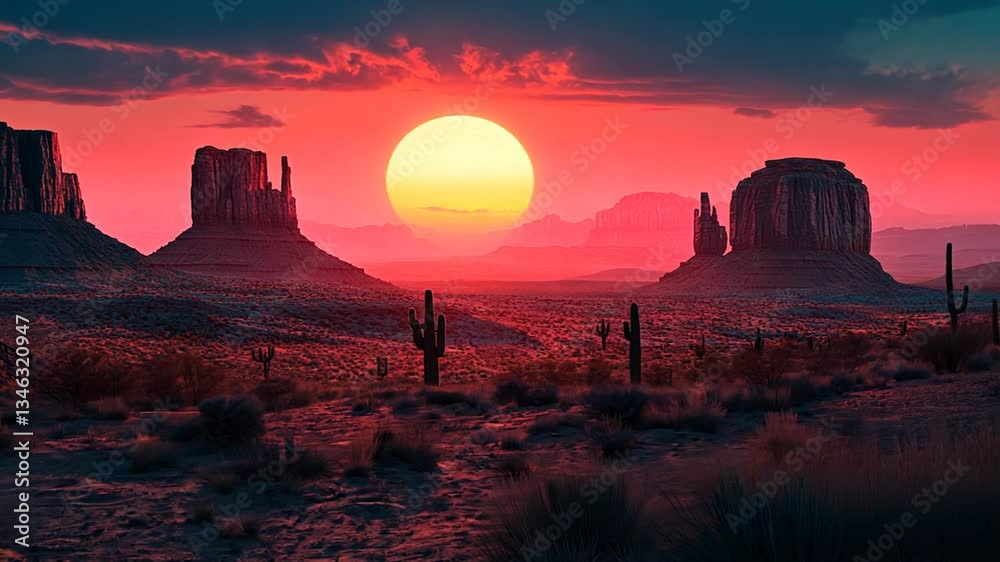 Dramatic desert sunset illuminating monumental rock formations in vibrant red hues