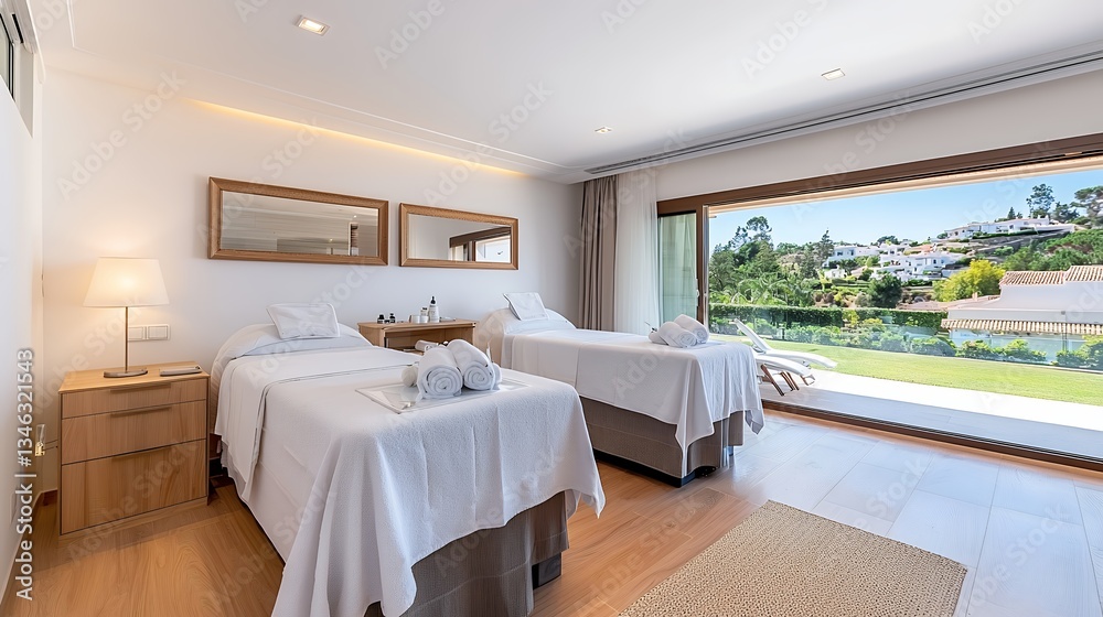 Obraz premium Bright Minimalist Bedroom with Twin Beds and Lush Greenery View