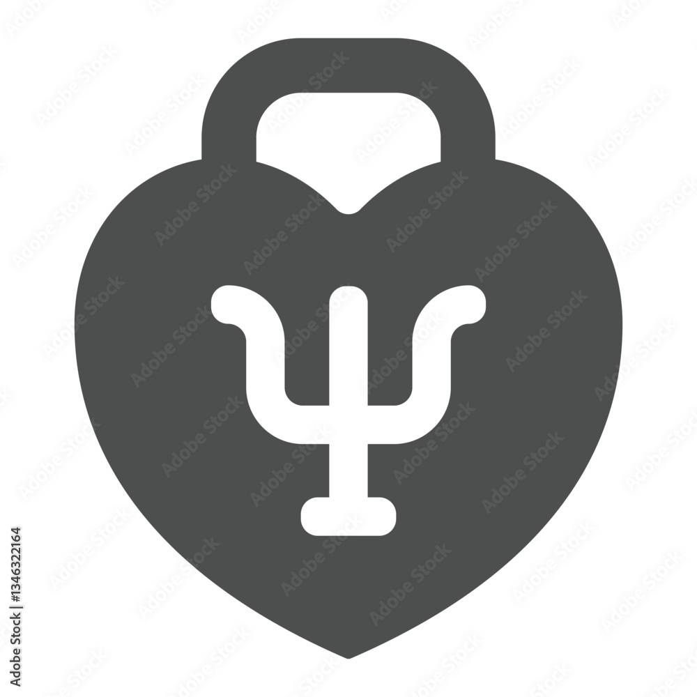 Obraz premium Heart shaped lock with trident solid icon, family psychology concept. Vector graphics. Safety lock with trident symbol, sign on white background, glyph style icon for mobile or web design.