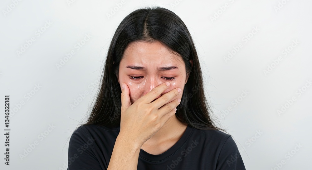 Crying Asian Woman with Hand Covering Mouth Expressing Sadness and Grief Crying Asian Woman with Hand Covering Mouth Expressing Sadness and Grief