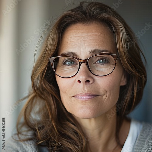 Middle-aged woman with a kind face and reading glasses, looking straight into the camera, photo for a profile picture.