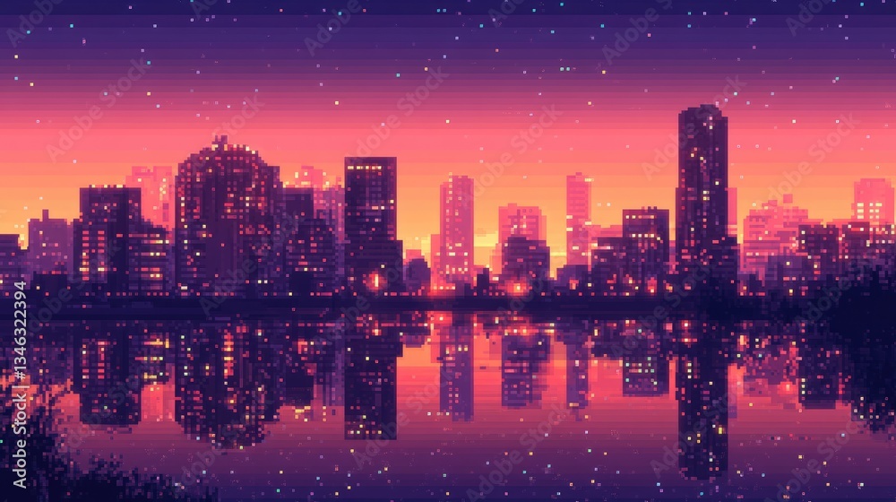 Obraz premium A pixelated cityscape reflecting in calm water under a starry sky