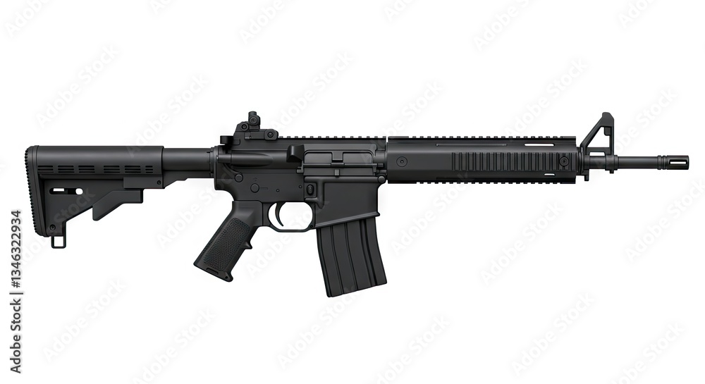 Isolated Black Assault Rifle Displayed on a White Background for Product Presentation Isolated Black Assault Rifle Displayed on a White Background for Product Presentation