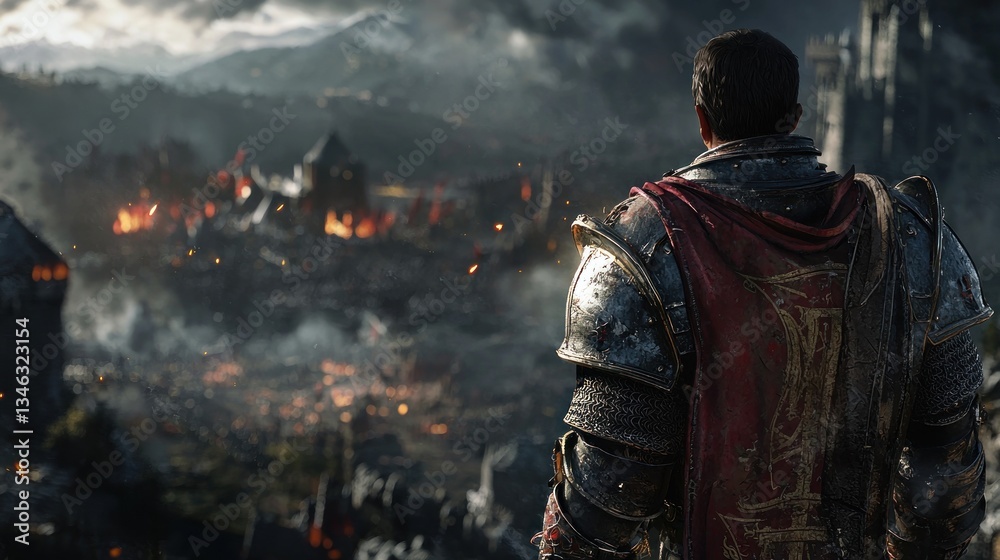 Fototapeta premium A Knight's Desolate View: Witnessing a Fiery Siege