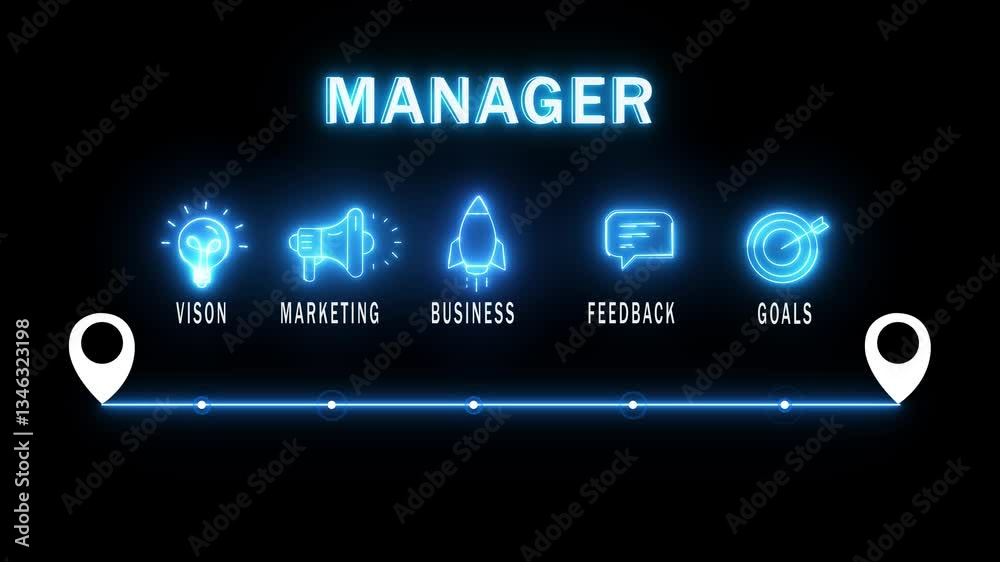 glowing neon manager concept with thin line icons on black background. Infographic design. Chart with animated icons. glowing neon manager concept with thin line icons on black background. Infographic design. Chart with animated icons.